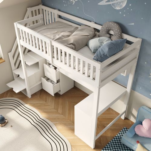 Lit Mezzanine 90x200 Cm, Escalier De Rangement Et Bureau D'angle, En Bois, Blanc