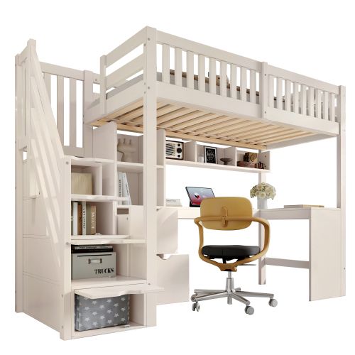 Lit Mezzanine 90x200 Cm, Escalier De Rangement Et Bureau D'angle, En Bois, Blanc