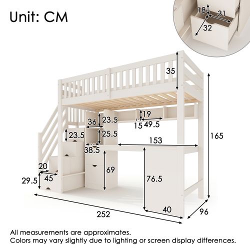 Lit Mezzanine 90x200 Cm, Escalier De Rangement Et Bureau D'angle, En Bois, Blanc