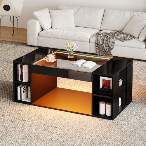 Table Basse Rectangulaire Noire 100x50x40 Cm Avec Plateau Verre Trempé, LED Intégrée