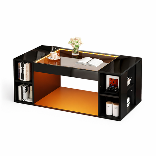 Table Basse Rectangulaire Noire 100x50x40 Cm Avec Plateau Verre Trempé, LED Intégrée