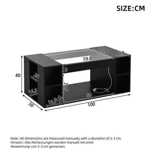 Table Basse Rectangulaire Noire 100x50x40 Cm Avec Plateau Verre Trempé, LED Intégrée