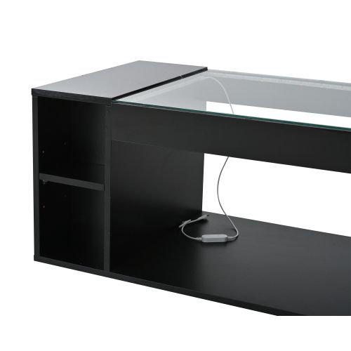 Table Basse Rectangulaire Noire 100x50x40 Cm Avec Plateau Verre Trempé, LED Intégrée