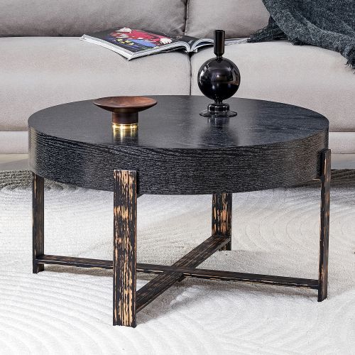 Table Basse Noire, Table D’appoint Ronde 68 Cm, Pieds Croisés, Plateau Épais