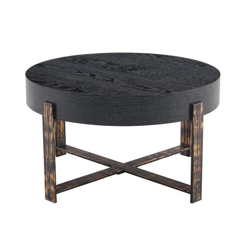 Table Basse Noire, Table D’appoint Ronde 68 Cm, Pieds Croisés, Plateau Épais