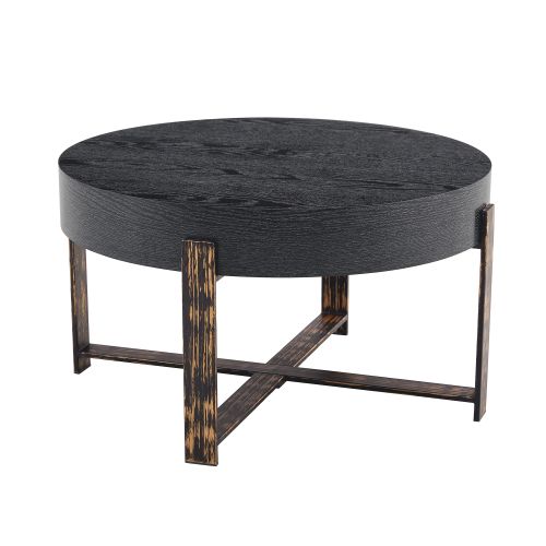 Table Basse Noire, Table D’appoint Ronde 68 Cm, Pieds Croisés, Plateau Épais