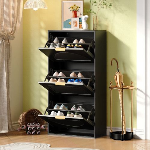 Meuble à Chaussures Noir 60 X 24 X 114 Cm, 3 Abattants