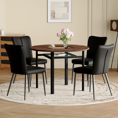 Ensemble Table Et Chaises, Table à Manger 100 Cm Avec Pieds Métal Et 4 Chaises Pu Noir