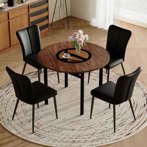 Ensemble Table Et Chaises, Table à Manger 100 Cm Avec Pieds Métal Et 4 Chaises Pu Noir