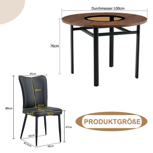 Ensemble Table Et Chaises, Table à Manger 100 Cm Avec Pieds Métal Et 4 Chaises Pu Noir