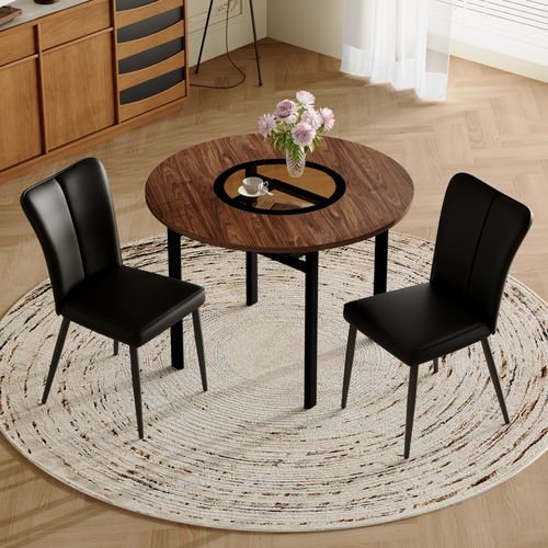 Ensemble Table Et Chaises, Table à Manger 100 Cm Avec Pieds Métal Et 2 Chaises Pu Noir