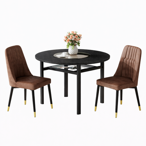 Ensemble Table Et Chaises, Table à Manger 100 Cm Avec Pieds Métal Noir Et 2 Chaises Marron
