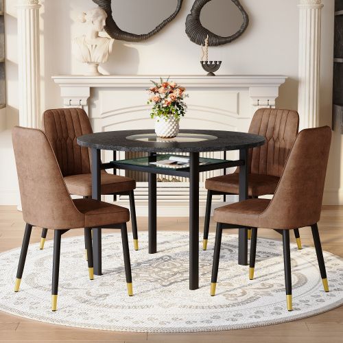 Ensemble Table Et Chaises, Table à Manger 100 Cm Avec Pieds Métal Noir Et 4 Chaises Marron