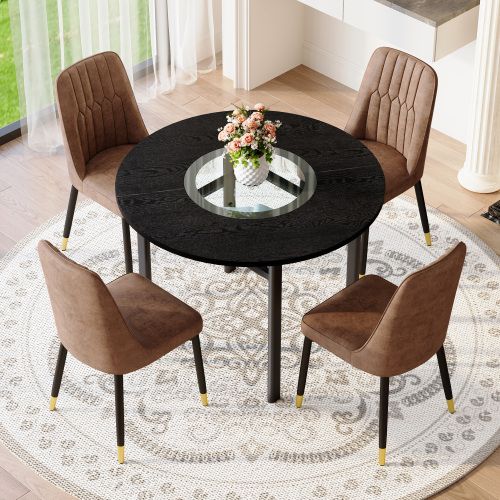 Ensemble Table Et Chaises, Table à Manger 100 Cm Avec Pieds Métal Noir Et 4 Chaises Marron