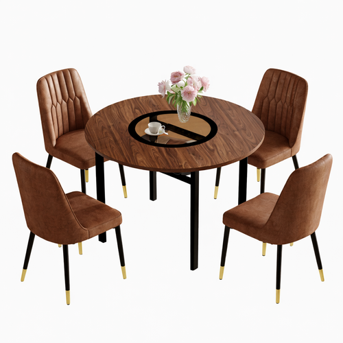 Ensemble Table Et Chaises, Table à Manger 100 Cm Avec Pieds Métal Noir Et 4 Chaises Marron