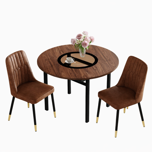 Ensemble Table Et Chaises, Table à Manger 100 Cm Avec Pieds Métal Noir Et 4 Chaises Marron