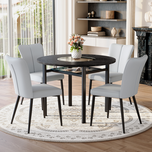 Ensemble Table Et Chaises, Table à Manger 100 Cm Avec Pieds Métal Noir Et 4 Chaises Pu Gris Clair