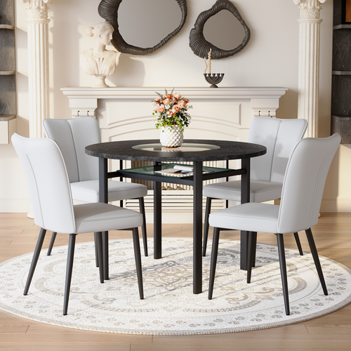 Ensemble Table Et Chaises, Table à Manger 100 Cm Avec Pieds Métal Noir Et 4 Chaises Pu Gris Clair