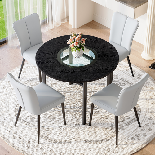 Ensemble Table Et Chaises, Table à Manger 100 Cm Avec Pieds Métal Noir Et 4 Chaises Pu Gris Clair