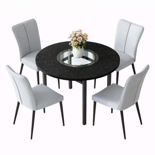 Ensemble Table Et Chaises, Table à Manger 100 Cm Avec Pieds Métal Noir Et 4 Chaises Pu Gris Clair