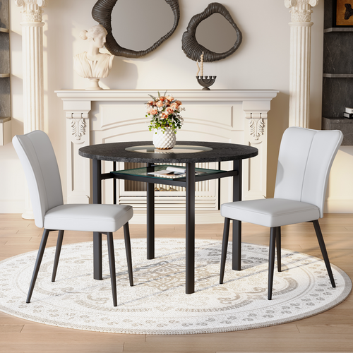 Ensemble Table Et Chaises, Table à Manger 100 Cm Avec Pieds Métal Noir Et 2 Chaises Pu Gris Clair