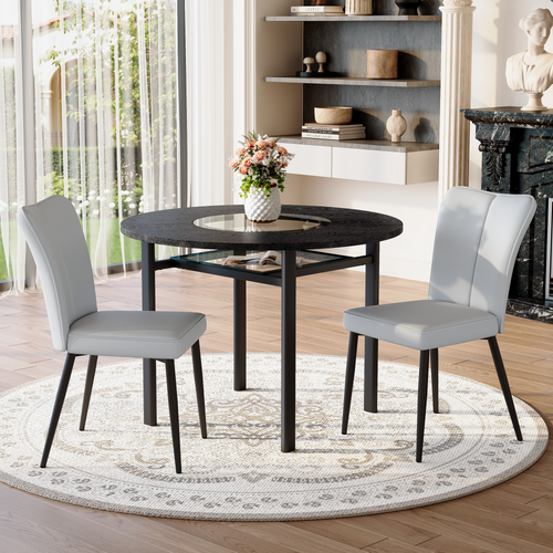 Ensemble Table Et Chaises, Table à Manger 100 Cm Avec Pieds Métal Noir Et 2 Chaises Pu Gris Clair