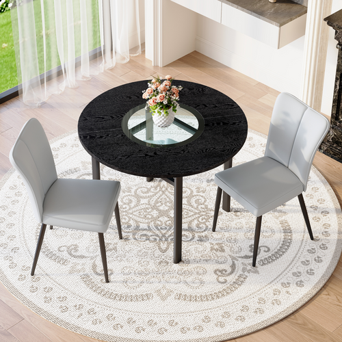 Ensemble Table Et Chaises, Table à Manger 100 Cm Avec Pieds Métal Noir Et 2 Chaises Pu Gris Clair