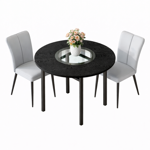 Ensemble Table Et Chaises, Table à Manger 100 Cm Avec Pieds Métal Noir Et 2 Chaises Pu Gris Clair