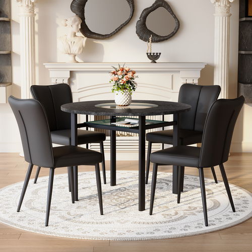 Ensemble Table Et Chaises, Table à Manger 100 Cm Avec Pieds Métal Noir Et 4 Chaises Pu Noir