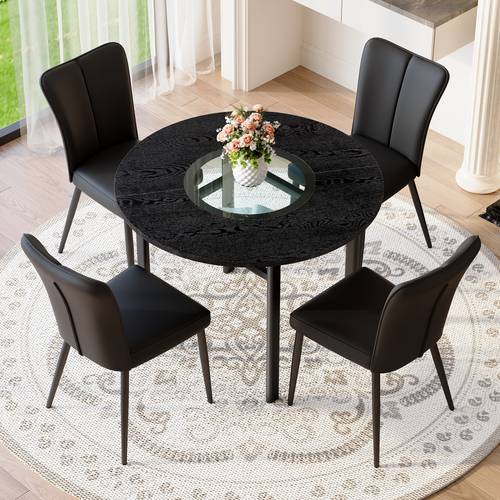 Ensemble Table Et Chaises, Table à Manger 100 Cm Avec Pieds Métal Noir Et 4 Chaises Pu Noir