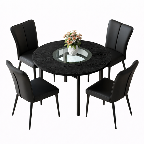 Ensemble Table Et Chaises, Table à Manger 100 Cm Avec Pieds Métal Noir Et 4 Chaises Pu Noir