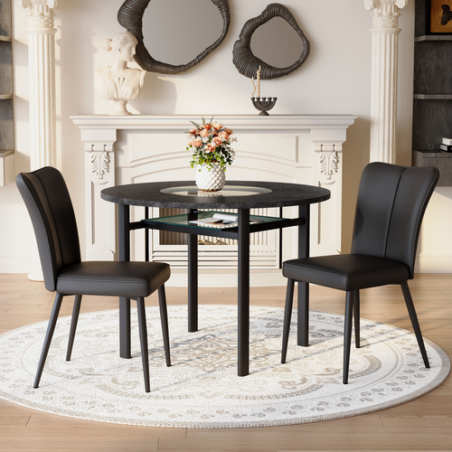 Ensemble Table Et Chaises, Table à Manger 100 Cm Avec Pieds Métal Noir Et 2 Chaises Pu Noir