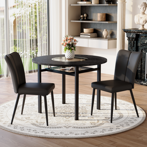 Ensemble Table Et Chaises, Table à Manger 100 Cm Avec Pieds Métal Noir Et 2 Chaises Pu Noir