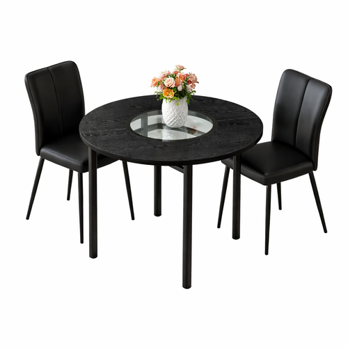Ensemble Table Et Chaises, Table à Manger 100 Cm Avec Pieds Métal Noir Et 2 Chaises Pu Noir