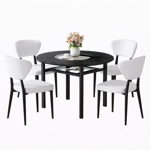 Ensemble Table Et Chaises, Table à Manger 100 Cm Avec Pieds Métal Noir Et 4 Chaises En Pu Blanc