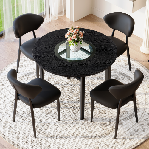 Ensemble Table Et Chaises, Table à Manger 100 Cm Avec Pieds Métal Noir Et 4 Chaises En Pu Noir