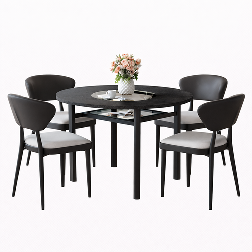 Ensemble Table Et Chaises, Table à Manger 100 Cm Avec Pieds Métal Noir Et 4 Chaises En Pu Noir