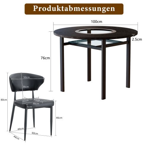 Ensemble Table Et Chaises, Table à Manger 100 Cm Avec Pieds Métal Noir Et 4 Chaises En Pu Noir