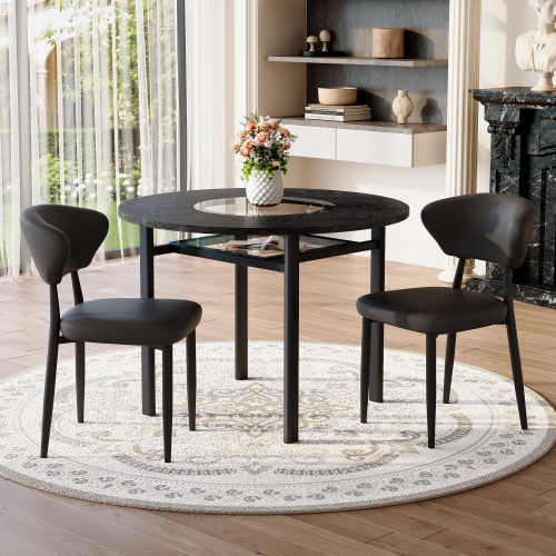 Ensemble Table Et Chaises, Table à Manger 100 Cm Avec Pieds Métal Noir Et 2 Chaises En Pu Noir