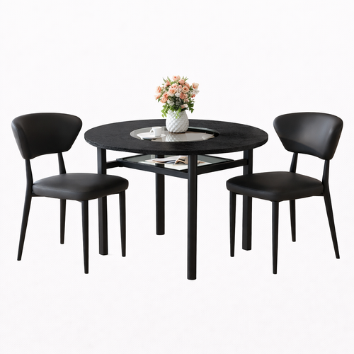 Ensemble Table Et Chaises, Table à Manger 100 Cm Avec Pieds Métal Noir Et 2 Chaises En Pu Noir
