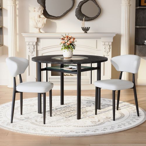 Ensemble Table Et Chaises, Table à Manger 100 Cm Avec Pieds Métal Noir Et 2 Chaises En Pu Blanc