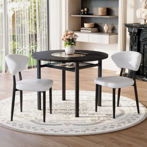 Ensemble Table Et Chaises, Table à Manger 100 Cm Avec Pieds Métal Noir Et 2 Chaises En Pu Blanc