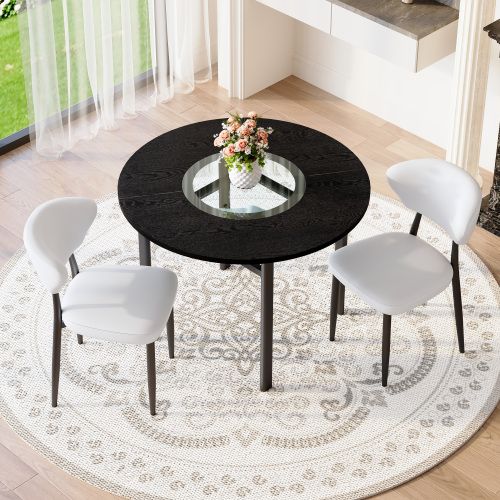 Ensemble Table Et Chaises, Table à Manger 100 Cm Avec Pieds Métal Noir Et 2 Chaises En Pu Blanc
