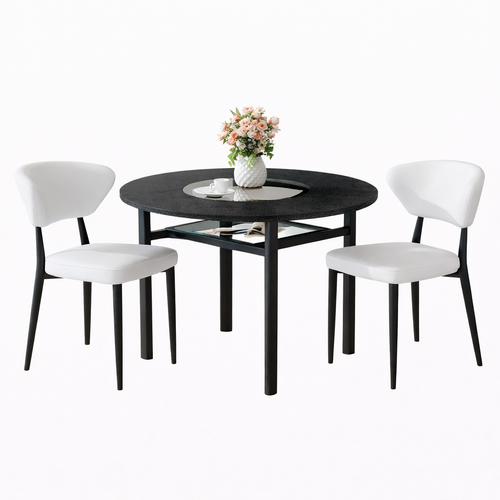 Ensemble Table Et Chaises, Table à Manger 100 Cm Avec Pieds Métal Noir Et 2 Chaises En Pu Blanc