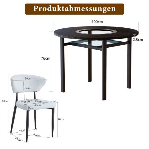 Ensemble Table Et Chaises, Table à Manger 100 Cm Avec Pieds Métal Noir Et 2 Chaises En Pu Blanc