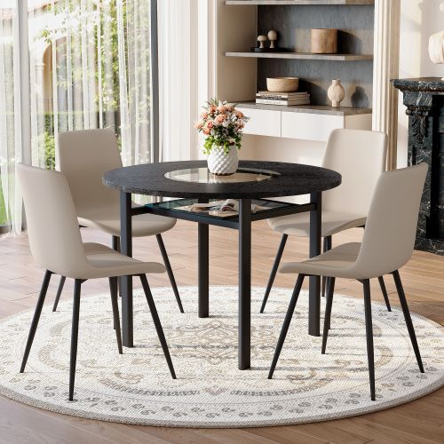Ensemble Table Et Chaises, Table à Manger 100 Cm Avec Pieds Métal Noir Et 4 Chaises En Pu Gris