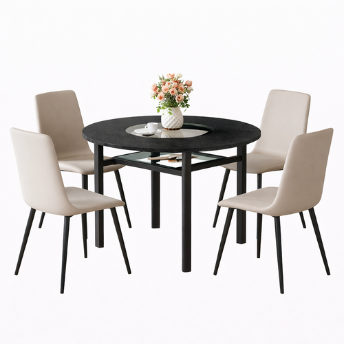 Ensemble Table Et Chaises, Table à Manger 100 Cm Avec Pieds Métal Noir Et 4 Chaises En Pu Gris