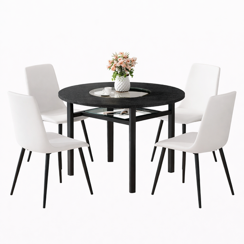 Ensemble Table Et Chaises, Table à Manger 100 Cm Avec Pieds Métal Noir Et 4 Chaises En Pu Blanc