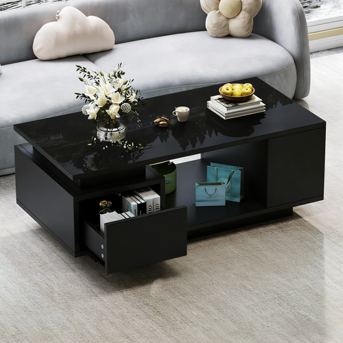 Table Basse Rectangulaire Noire Brillante Avec LED 100x50x36 Cm, 1 Tiroir Et Rangements Latéraux