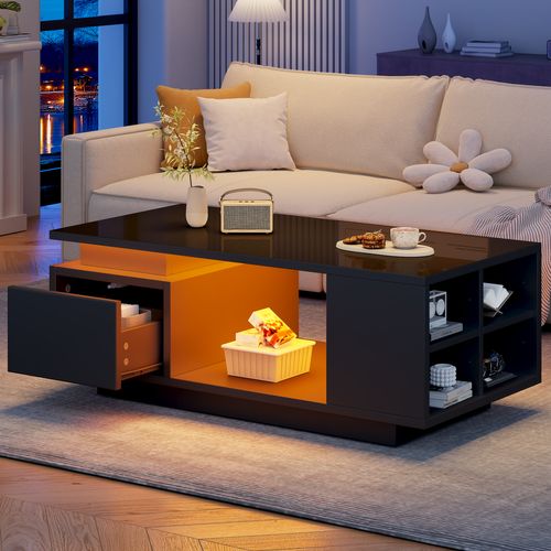 Table Basse Rectangulaire Noire Brillante Avec LED 100x50x36 Cm, 1 Tiroir Et Rangements Latéraux